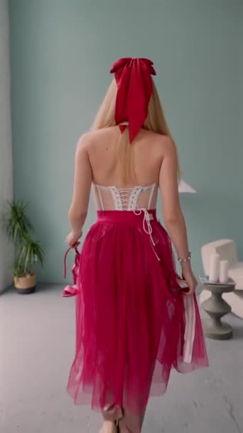 Una Chica Con Vestido Rosa Vestida Manera Inspirada Las Muñecas — Vídeo de stock