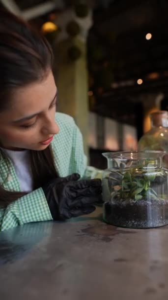 Viser Plante Eksempler Glas Krukker Kvindelig Blomsterhandler Høj Kvalitet Optagelser – Stock-video