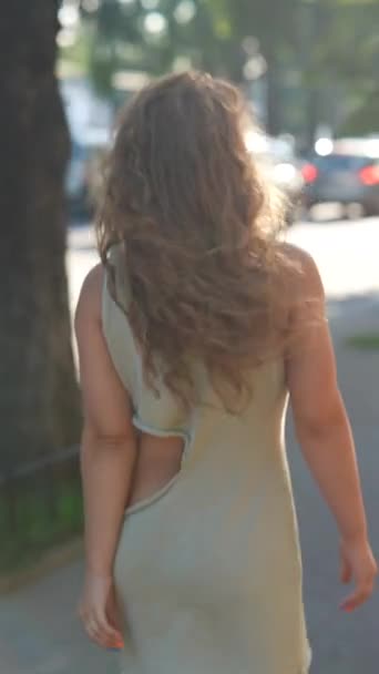 Zpět Pohled Kudrnaté Vlasy Krásné Dívka Objímá Citys Ulice Slunečného — Stock video