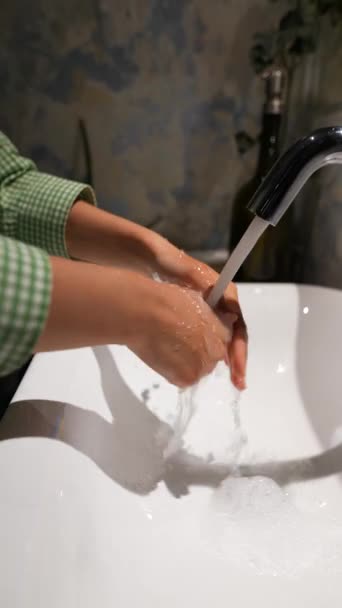Focused Shot Shows Hands Woman Water Tap Washbasin High Quality — Stock Video