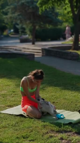 在公园里工作的时候 一个年轻的女运动员和她的狗在一起玩得很开心 高质量的4K镜头 — 图库视频影像