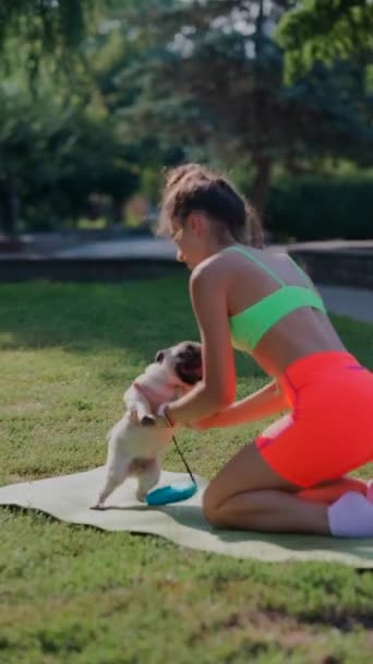 公園で朝の運動ルーチンに従事する若いアクティブな女性は 彼女のパグ犬と楽しんでいます 高品質の4K映像 — ストック動画