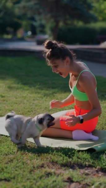 Morgonträningen Parken Leker Ung Sportig Kvinna Med Sin Hund Högkvalitativ — Stockvideo