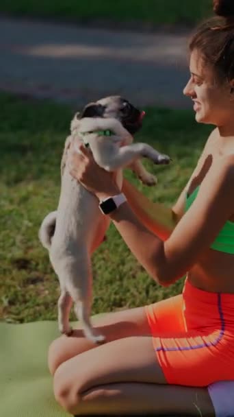 公園での朝のトレーニングでは 若いスポーティな女性がパグ犬と遊んでいます 高品質の4K映像 — ストック動画