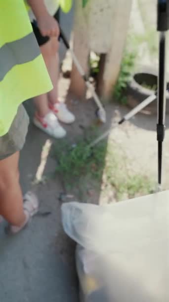 Part Volunteer Work Individuals Picking Trash Streets Putting Garbage Bags — Stock Video