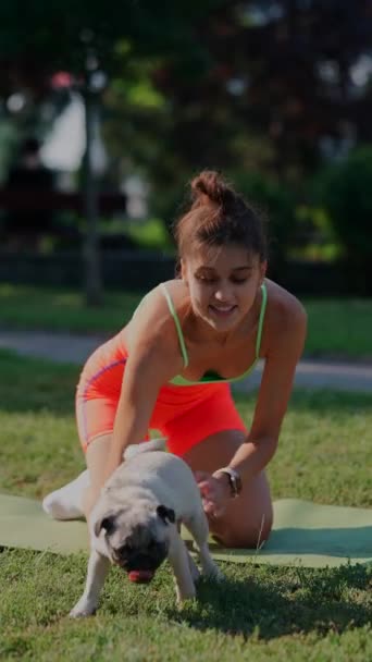 Pies Mops Dołącza Porannej Sesji Treningowej Młodych Kobiet Parku Prowadzi — Wideo stockowe