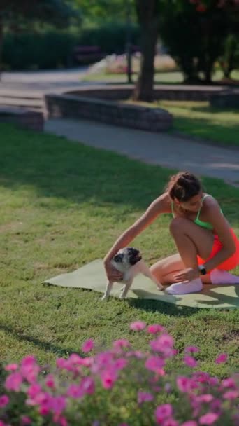 Собака Мопс Присоединяется Утренней Тренировке Молодых Женщин Парке Приводит Некоторым — стоковое видео