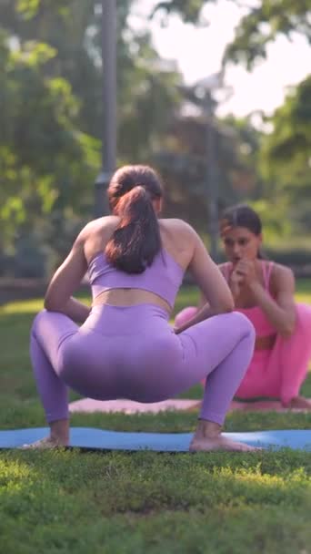 一位母亲和她的成年女儿 既活泼又迷人 正在城市公园练习瑜伽 高质量的4K镜头 — 图库视频影像