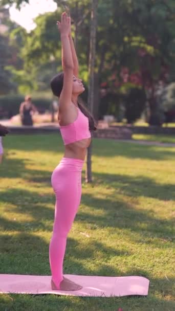 一位令人惊叹的运动健美的母亲和她的成年女儿正在城市公园里练瑜伽 高质量的4K镜头 — 图库视频影像