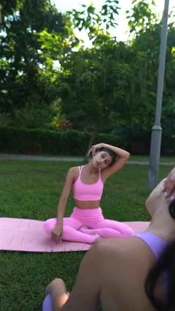 City Park Sporty Attractive Mother Her Adult Daughter Involved Yoga — Stock Video