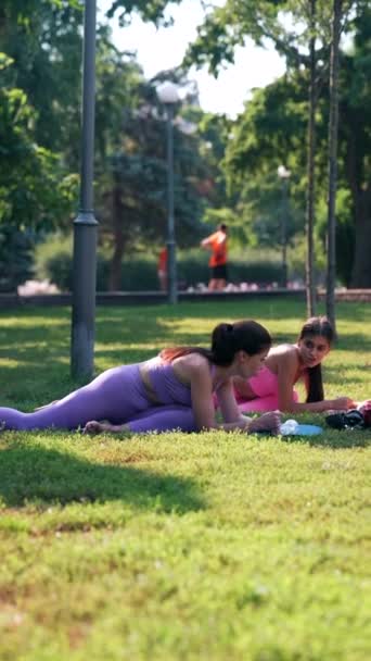 在公园的草地上 一位母亲和她的成年女儿正在从事健身活动和身体柔韧活动 高质量的4K镜头 — 图库视频影像
