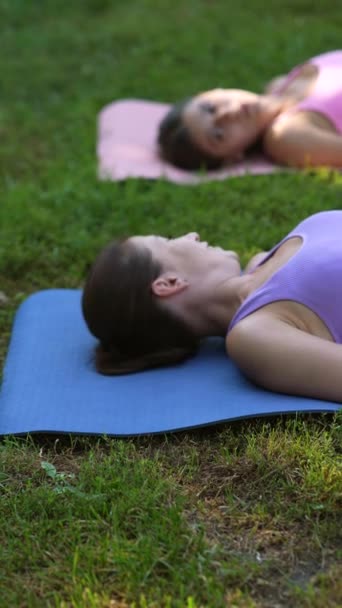 一位漂亮而有运动精神的母亲和她的成年女儿参加了瑜伽课 在城市公园里 高质量的4K镜头 — 图库视频影像