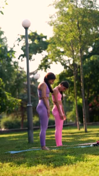Een Zomer Park Instelling Ziet Een Sportieve Moeder Haar Mooie — Stockvideo