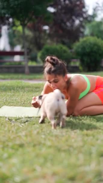 一位身穿运动服的年轻女子在公园的草地上与她那只呕吐的狗欢快地玩耍 高质量的4K镜头 — 图库视频影像