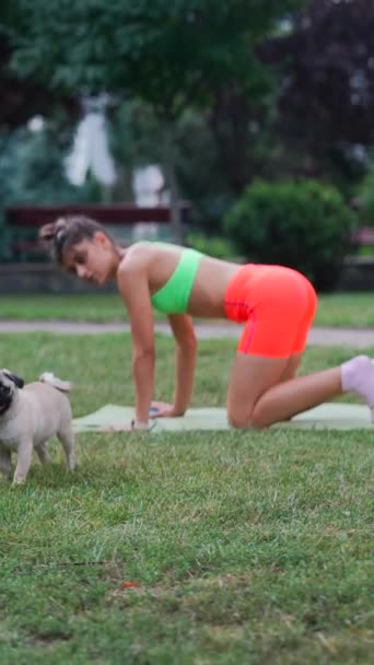Een Jong Meisje Sportkleding Wisselt Speels Met Haar Hond Grasvelden — Stockvideo