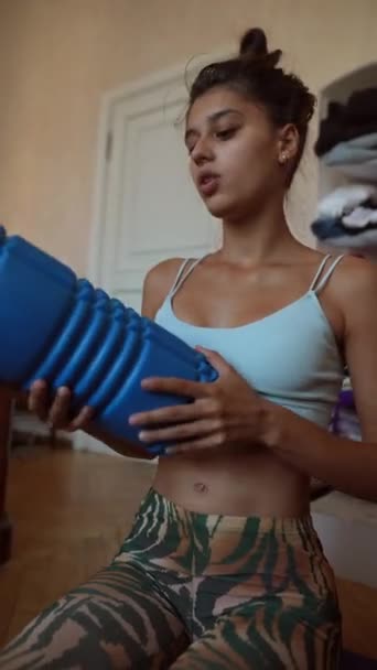Confines Her Home Sportive Young Lady Incorporating Massage Roller Her — Stock Video