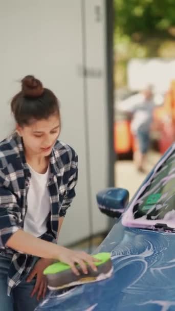 在洗车过程中 一位令人惊叹的女孩正在用海绵和清洁剂洗车 — 图库视频影像