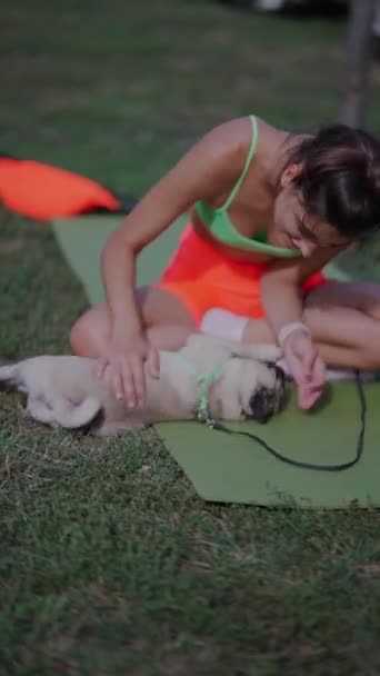 Sabah Eğitiminin Ortasında Zeki Bir Kız Pug Köpeğiyle Parkta Eğlenceli — Stok video