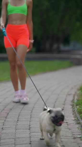 Ruas Cidade Testemunham Uma Menina Sportswear Andando Com Seu Cachorro — Vídeo de Stock