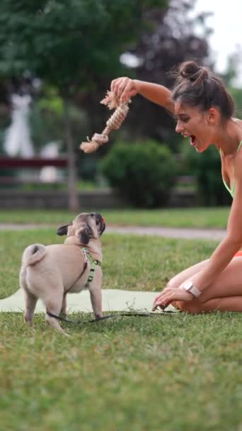 一个穿着运动服的可爱女孩带着微笑 和她的狗在夏天的公园里嬉戏玩耍 高质量的4K镜头 — 图库视频影像