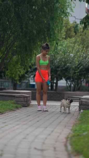 スポーツウェアの美しい若い女性は 街の通りを歩く彼女のパグ犬と歩いています 高品質の4K映像 — ストック動画