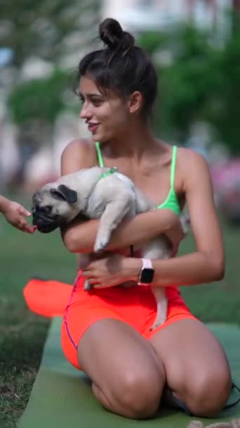 Park Young Sporty Woman Having Fun Her Pug Dog High — Stock Video
