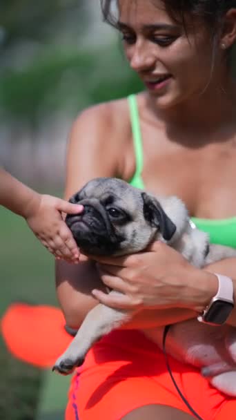 Young Athletic Woman Playing Her Pug Dog Park High Quality — Stock Video