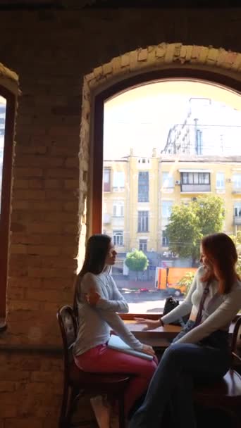 Dua Gadis Muda Dan Cantik Berbicara Perpustakaan Rekaman Berkualitas Tinggi — Stok Video