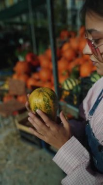 Bir kadın çiftçi, pazarda satılık yeşil çizgili balkabağını hevesle sergilerken görülüyor. Yüksek kalite 4k görüntü