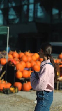 Canlı pazar ortamında, bir bayan çiftçi kullandıkları balkabağı yetiştirme yöntemleri hakkında bilgi sağlıyor. Yüksek kalite 4k görüntü