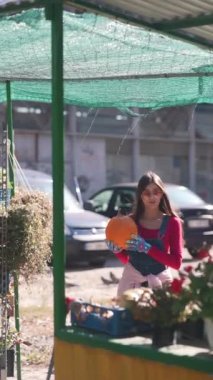 Pazar yerinde, zarif genç bir bayan satıcı satılık bitkilerle nazikçe ilgileniyor. Yüksek kalite 4k görüntü