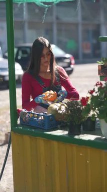 Piyasa faaliyetlerinin ortasında, çarpıcı bir kadın satıcının sunduğu bitkilere dikkatle baktığı görülüyor. Yüksek kalite 4k görüntü