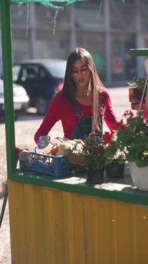 Markette, genç bir bayan satıcı seçiminin bir parçası olarak bitkilerle ilgileniyor. Yüksek kalite 4k görüntü