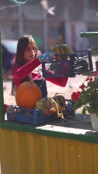 Vacker Kvinnlig Säljare Tar Hand Växter Hon Säljer Marknaden Högkvalitativ — Stockvideo