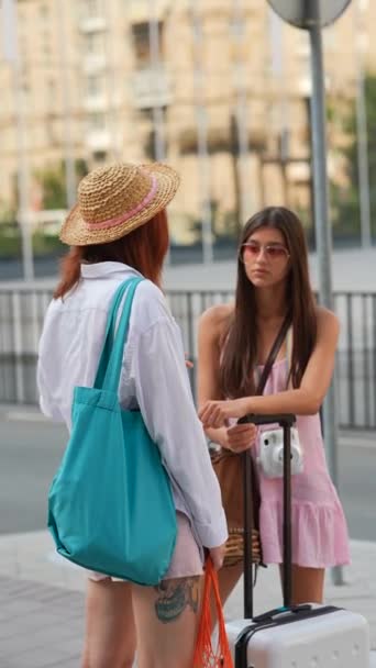 Radiant Young Women Enjoying Walk Urban Streets Carrying Suitcase Possessions — Stock Video