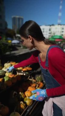 Pazar faaliyetlerinin ortasında, genç bir kadın çiftçinin sundukları balkabaklarını nasıl büyüttüklerine dair görüşlerini paylaştığı görülüyor. Yüksek kalite 4k görüntü
