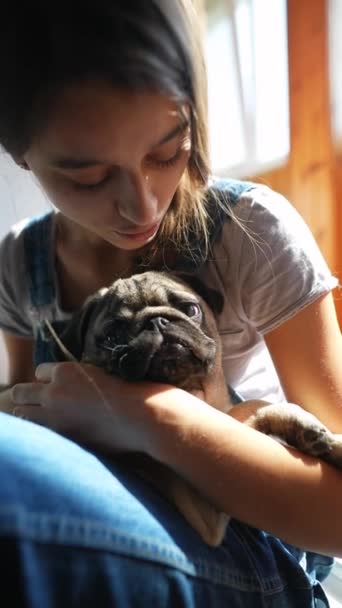 Room Theres Lovely Young Woman Sitting Floor Holding Pug Puppy — Stock Video