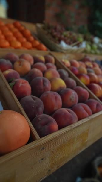 欧洲市场的货架上堆满了美味而成熟的水果 农民市场 高质量的4K镜头 — 图库视频影像