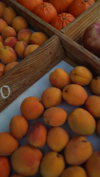 Ώριμα Και Λαχταριστά Φρούτα Παρουσιάζονται Μια Ευρωπαϊκή Αγορά Αγορά Αγροτών — Αρχείο Βίντεο
