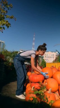 Canlı piyasa ortamında, bir bayan çiftçi elindeki balkabaklarını canlı bir şekilde sunuyor. Yüksek kalite 4k görüntü