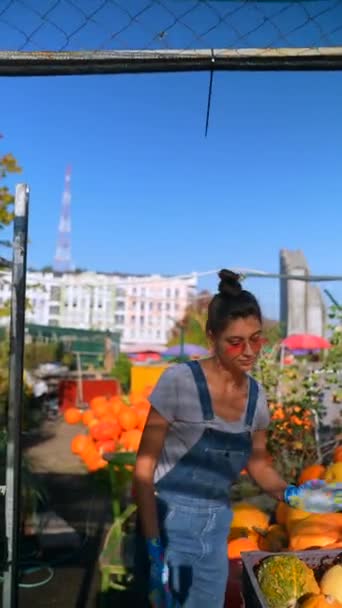 Çiftçi Olarak Çalışan Genç Bir Kadın Pazarda Sattıkları Farklı Balkabaklarını — Stok video