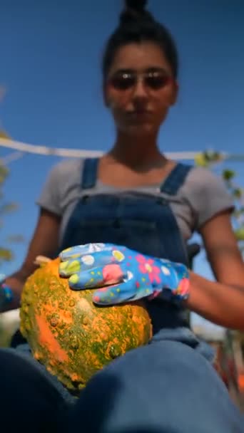 市場では エネルギッシュな若い女性農夫が彼らが販売のために持っているカボチャを示しています 高品質の4K映像 — ストック動画