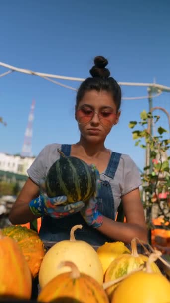 Meio Cena Mercado Uma Jovem Agricultora Orgulha Mostrar Variedade Abóboras — Vídeo de Stock