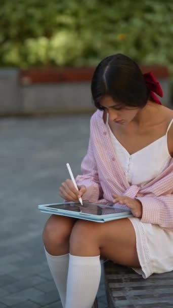 Seorang Wanita Muda Modern Memanfaatkan Tablet Sebuah Taman Rekaman Berkualitas — Stok Video