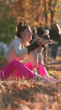 Sarı yaprakların arasında, genç bir bayan ve köpekleri parkta güzel vakit geçiriyorlar. Yüksek kalite 4k görüntü