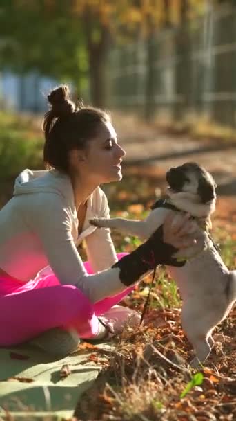 Mitt Höstlövverket Leker Ung Kvinna Atletisk Klädsel Med Sin Hund — Stockvideo