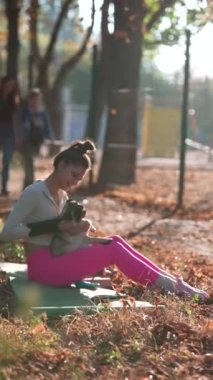 Parktaki sarı yaprakların arasında, genç bir kadın köpeğiyle meşgul. Yüksek kalite 4k görüntü
