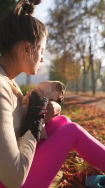 Etrafı sonbahar yapraklarıyla çevrili sevimli genç bir bayan parkta köpeğiyle bir an paylaşıyor. Yüksek kalite 4k görüntü