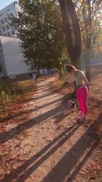 Genç Bir Kadın Pug Köpeği Parkta Koşarken Hareket Halindeler Yüksek — Stok video