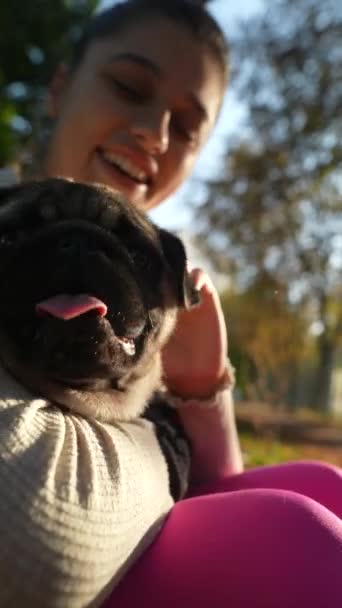 Cheerful Young Lady Her Dog Sharing Playful Time Sunny Park — Stock Video